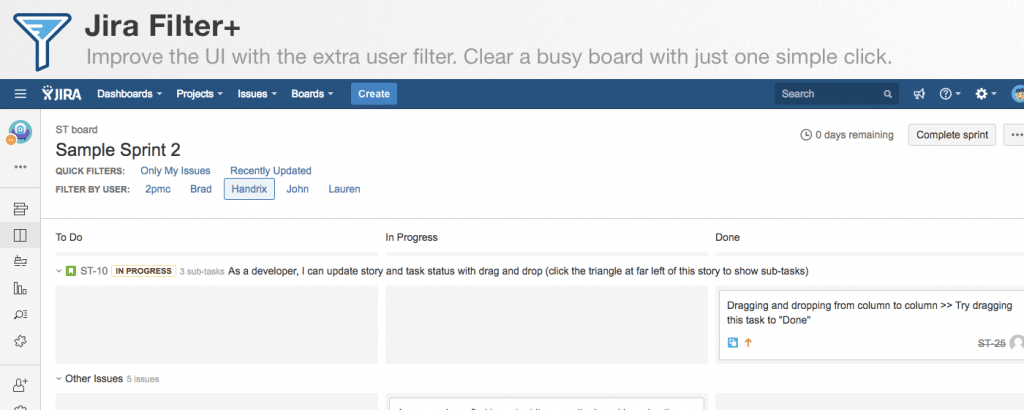 Jira Filter+ adds a user filter to the Scrum or Kanban