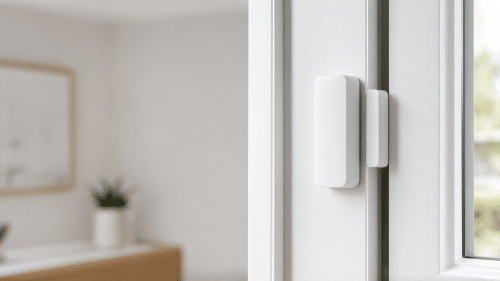 A two-piece white door and window contact sensor installed on a door frame